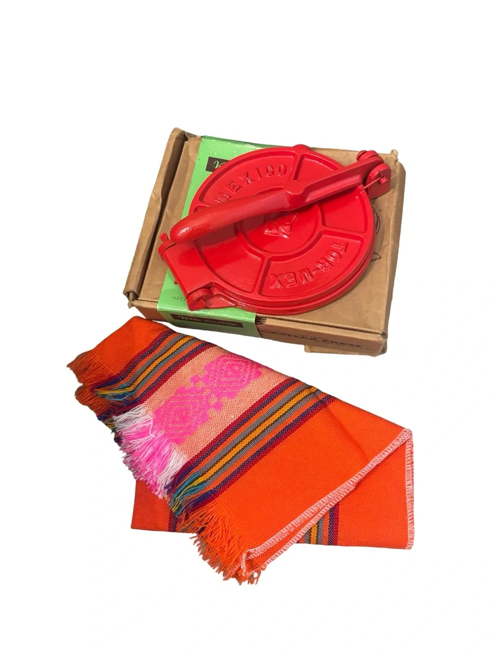 Tormex Mexican Red Tortilla Press Set & Orange Serape Cloth